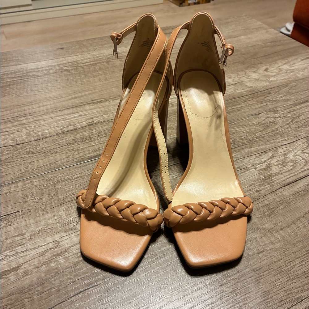 Nine West Braided Strap Tan Block Heel Sandals